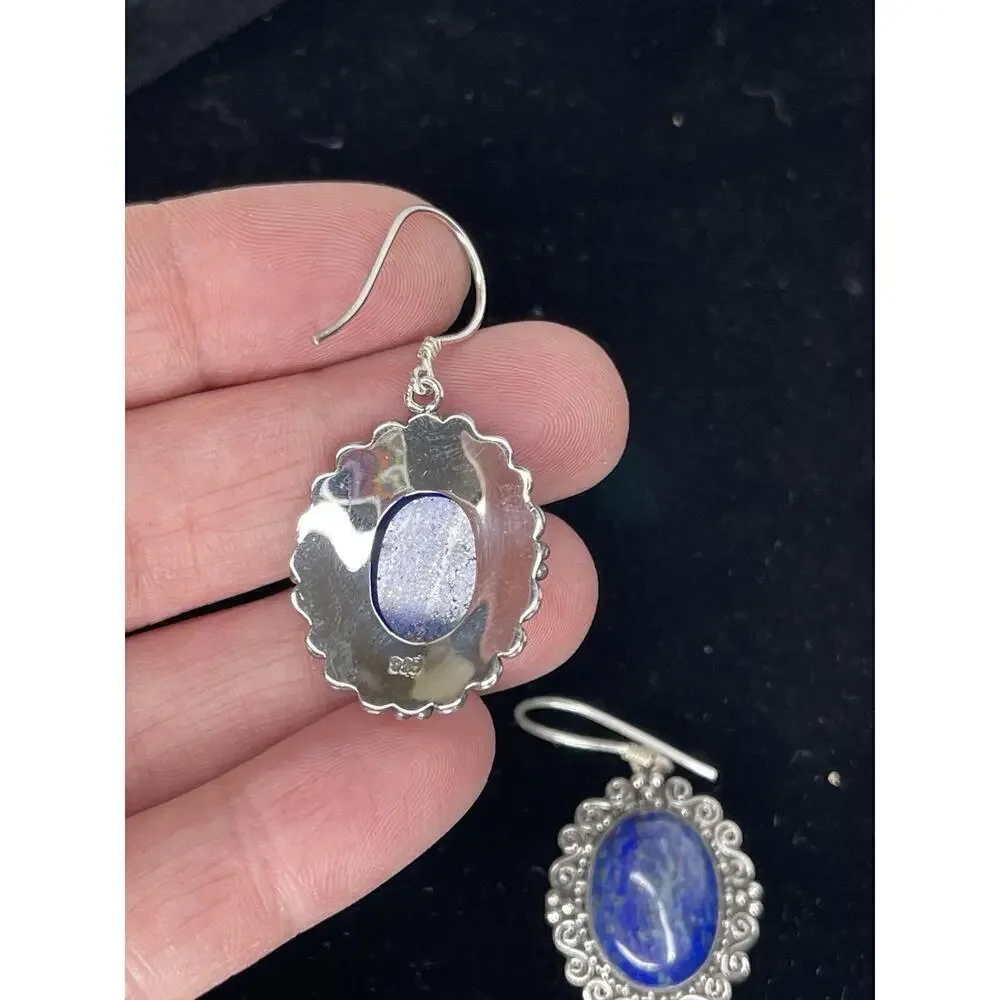 Lapis Lazuli Scroll 925 Silver Stud Earrings & Matching Ring Size 7.25 Blue